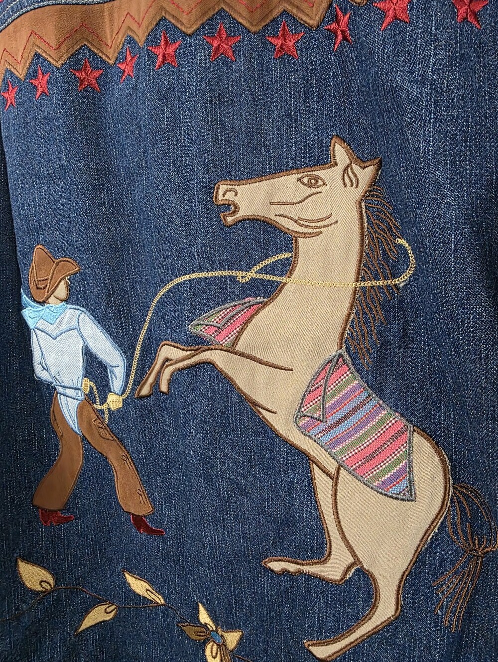Vintage 1987 Rodeo RoughRider Jean Denim Button Jacket Y2K Embroidered Shirt Med - Picture 3 of 6